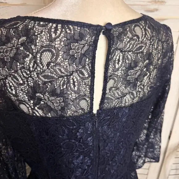 ADRIANNA PAPELL 12 Women's Lace Overlay Sheath Dress Peplum Navy Cocktail Short - Picture 8 of 14